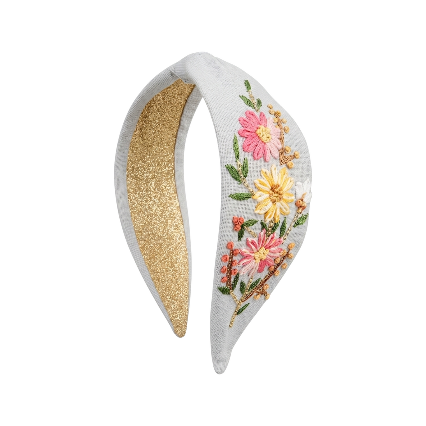 Cerchietto a fascia ricamato cotone azzurro floreale