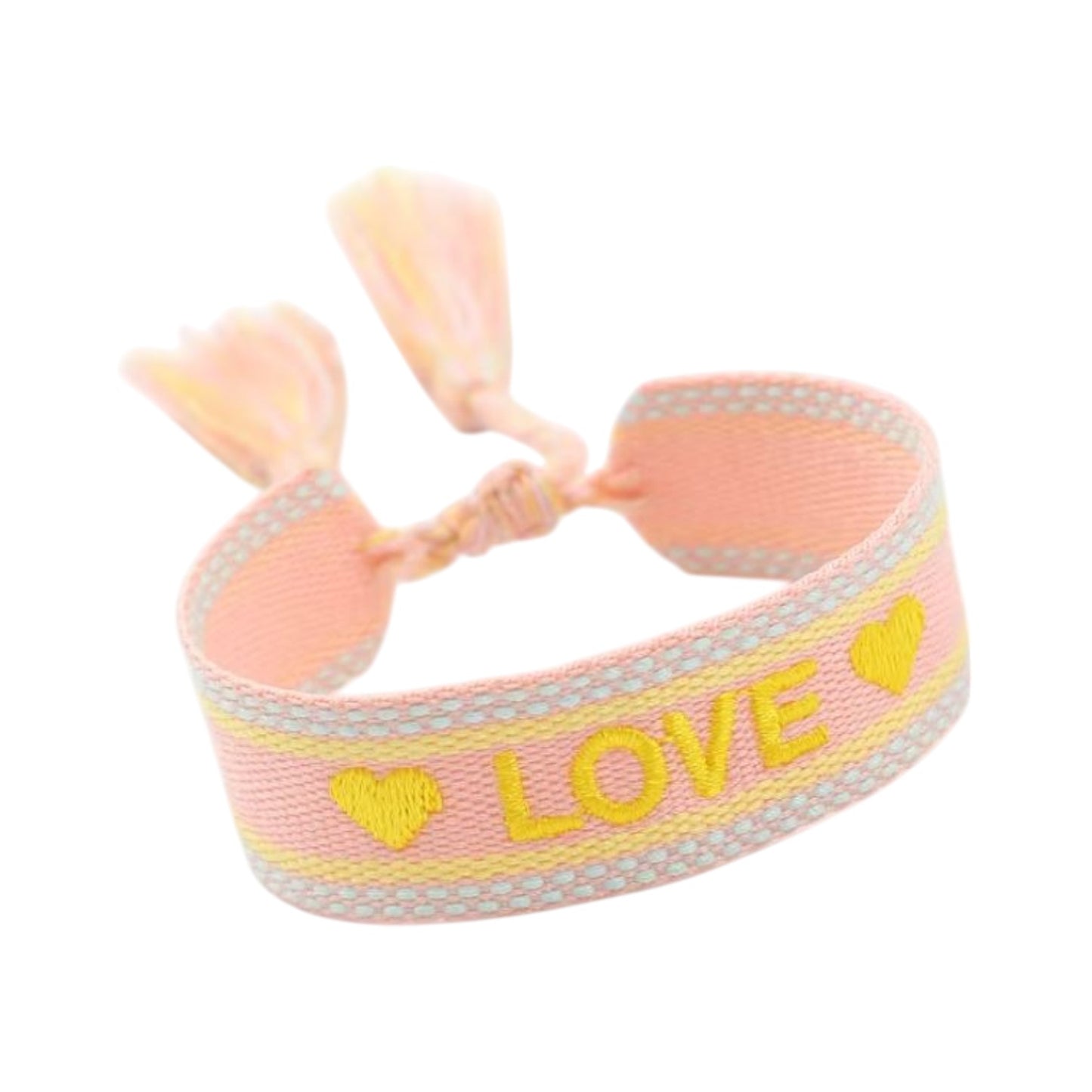Bracciale in tessuto rosa con scritta Love ricamata oro