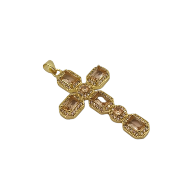 Ciondolo a croce con cristalli beige e profili in zircone