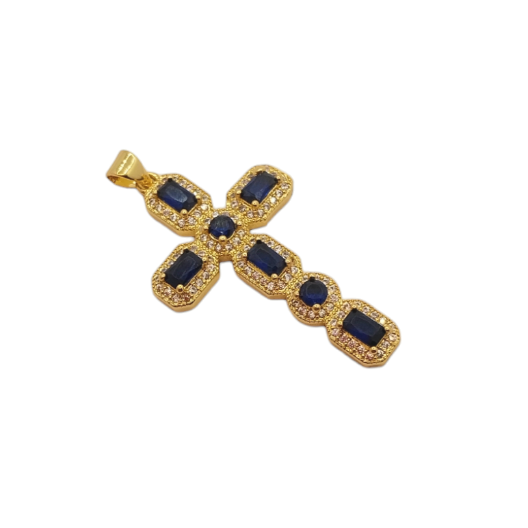 Ciondolo a croce con cristalli blu e profili in zircone