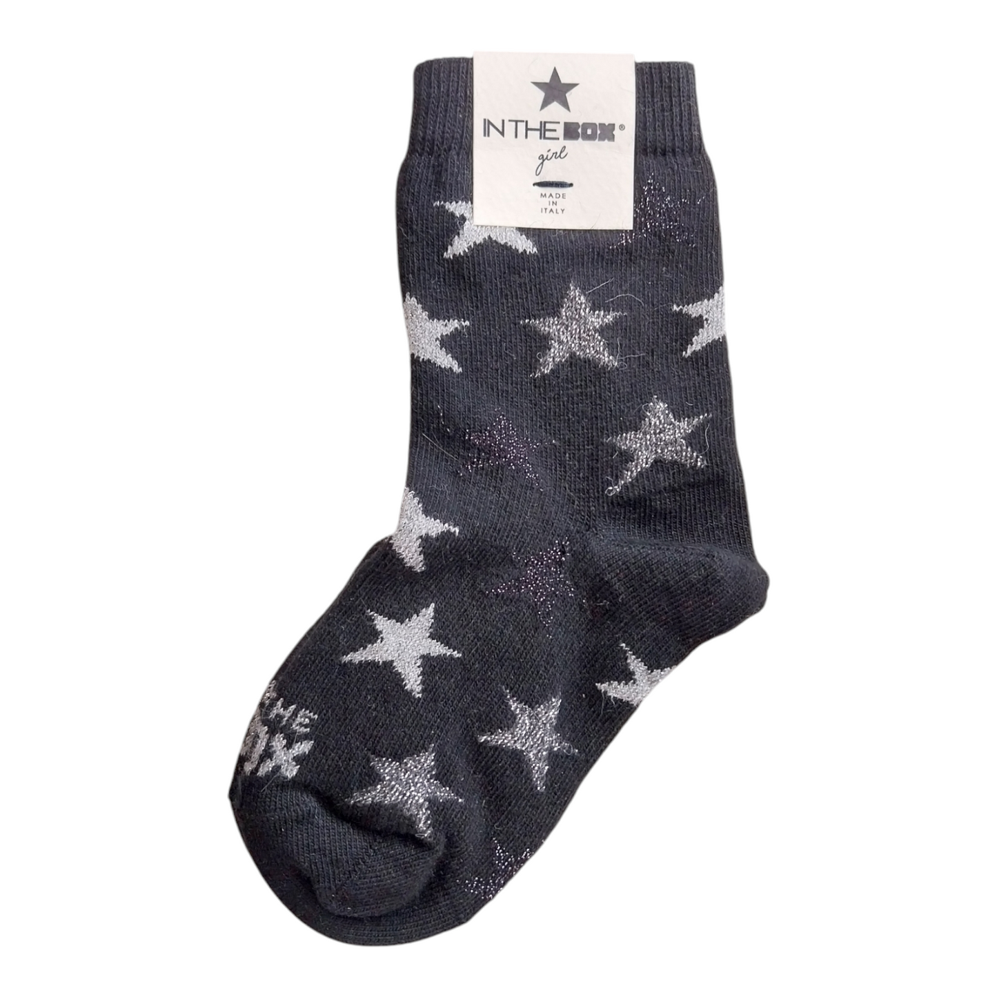 Calze nere con stelle glitter nere e argento