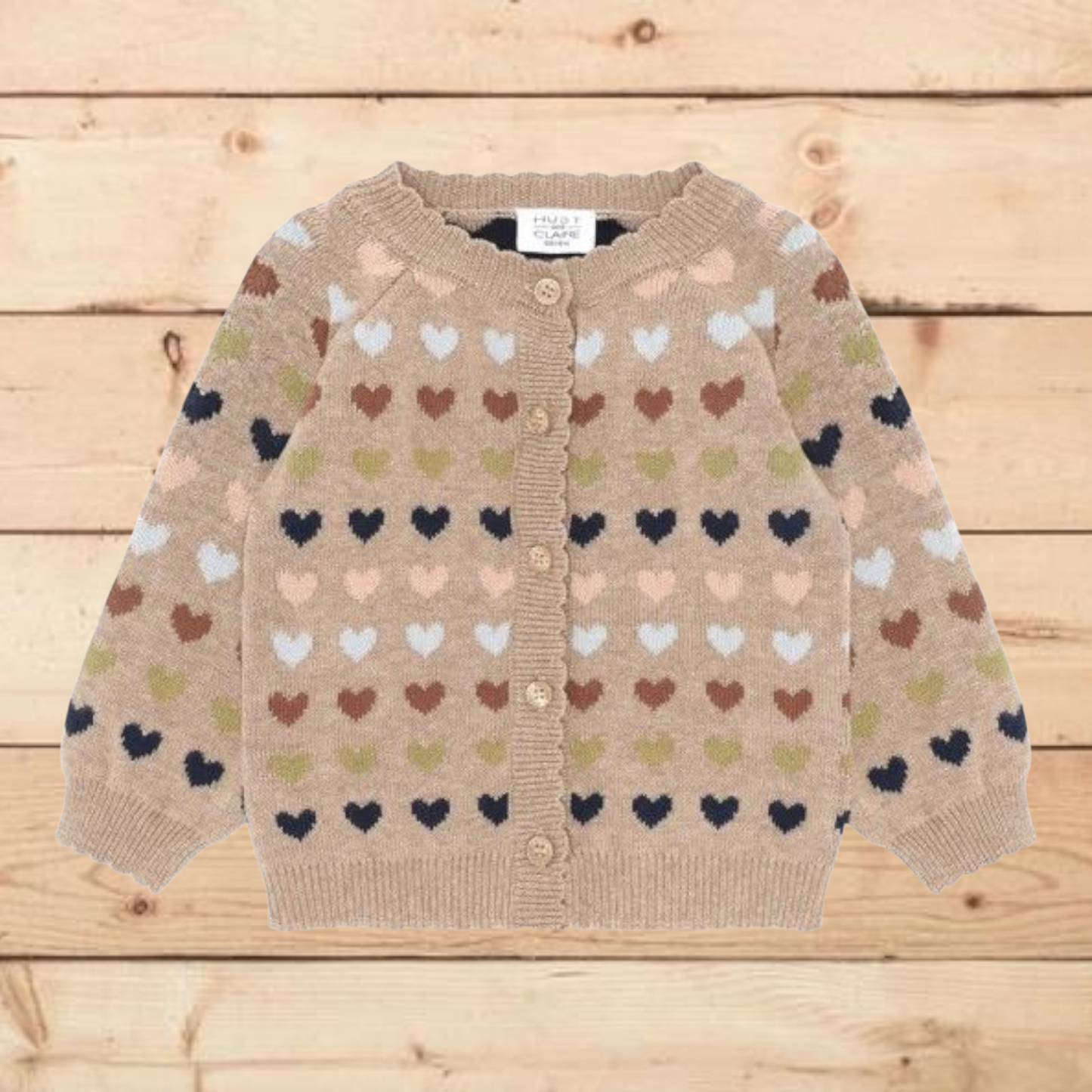 Cardigan in maglia beige con ricami cuori multicolor