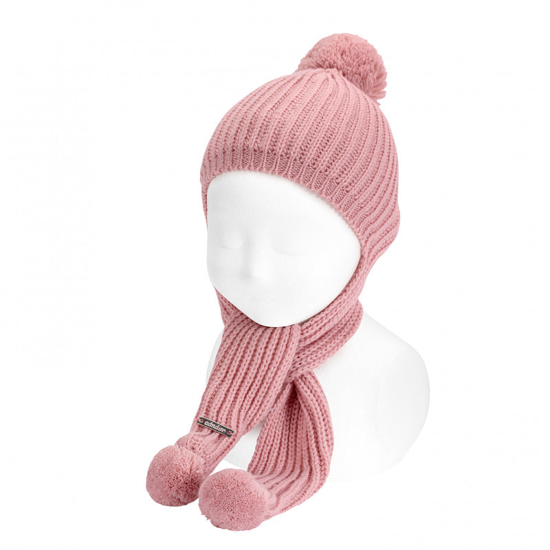 Berretto con sciarpa pom pom rosa