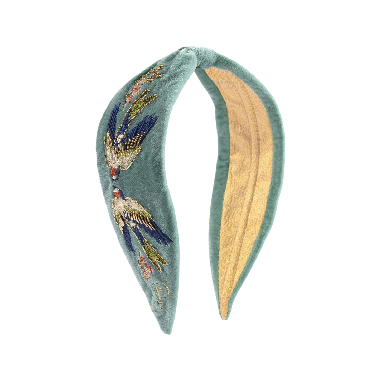 Cerchietto a fascia ricamato velluto azzurro uccellini