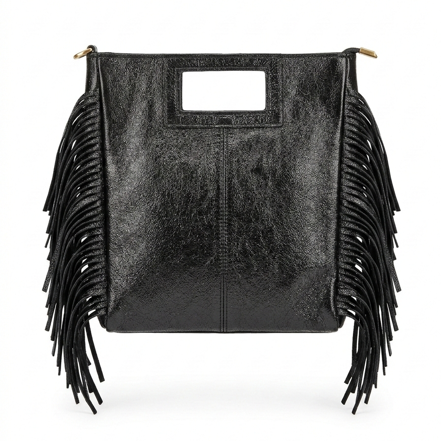 Borsa Maxi laminata nera con frange