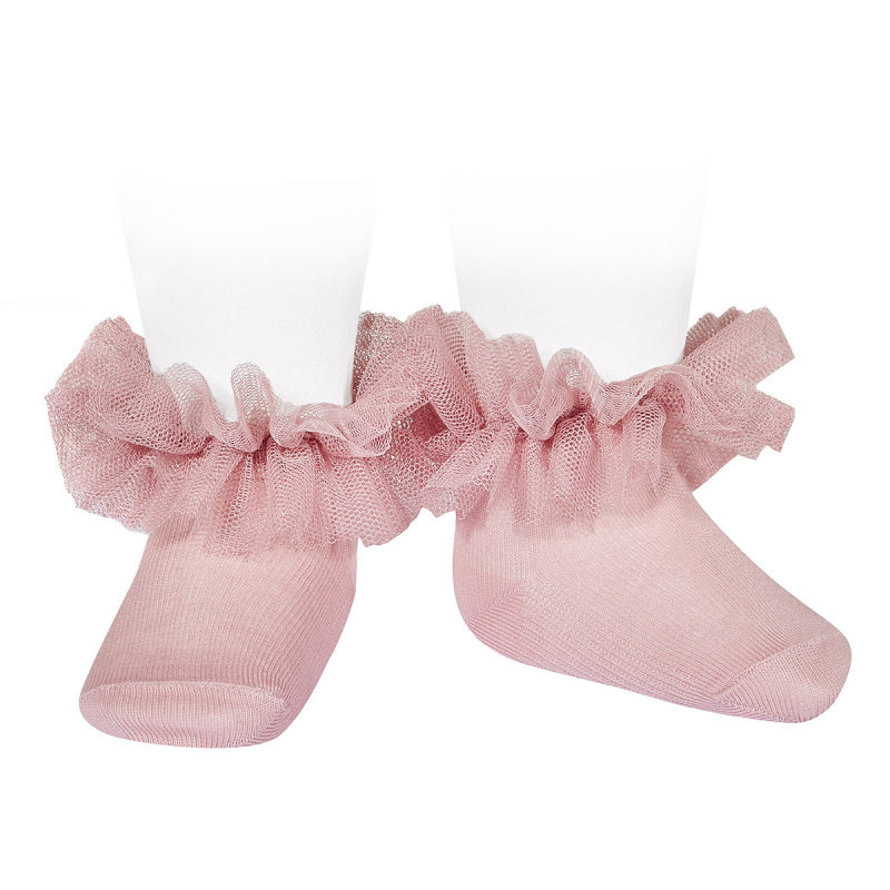Calzini corti rosa pallido con bordo in tulle