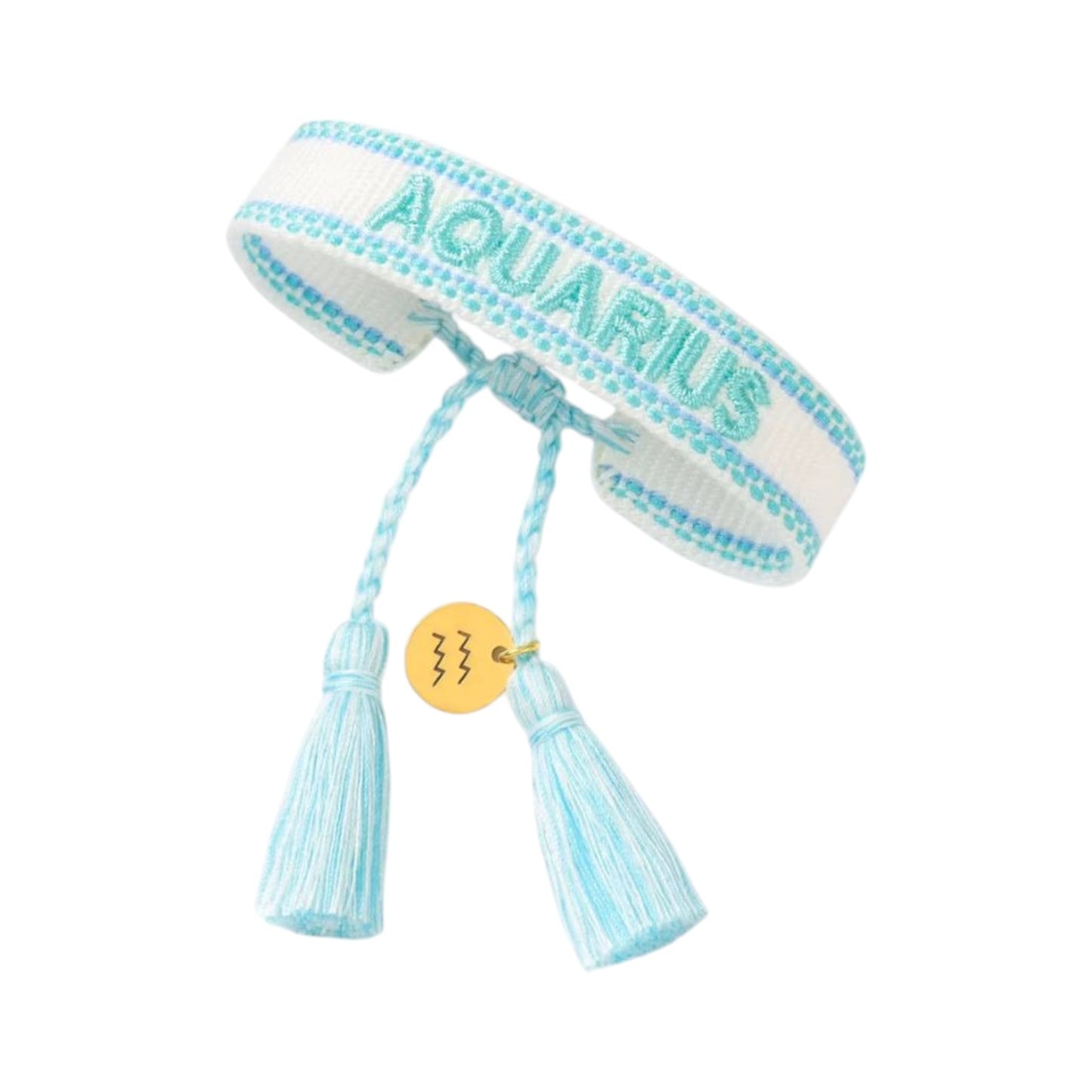 Bracciale in tessuto bianco con scritta Aquarius turchese e charm