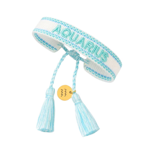Bracciale in tessuto bianco con scritta Aquarius turchese e charm