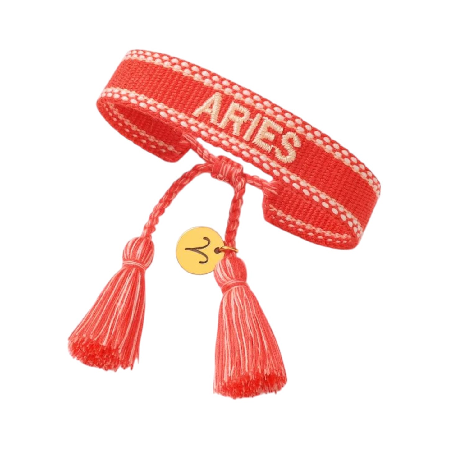 Bracciale in tessuto rosso con scritta Aries oro e charm