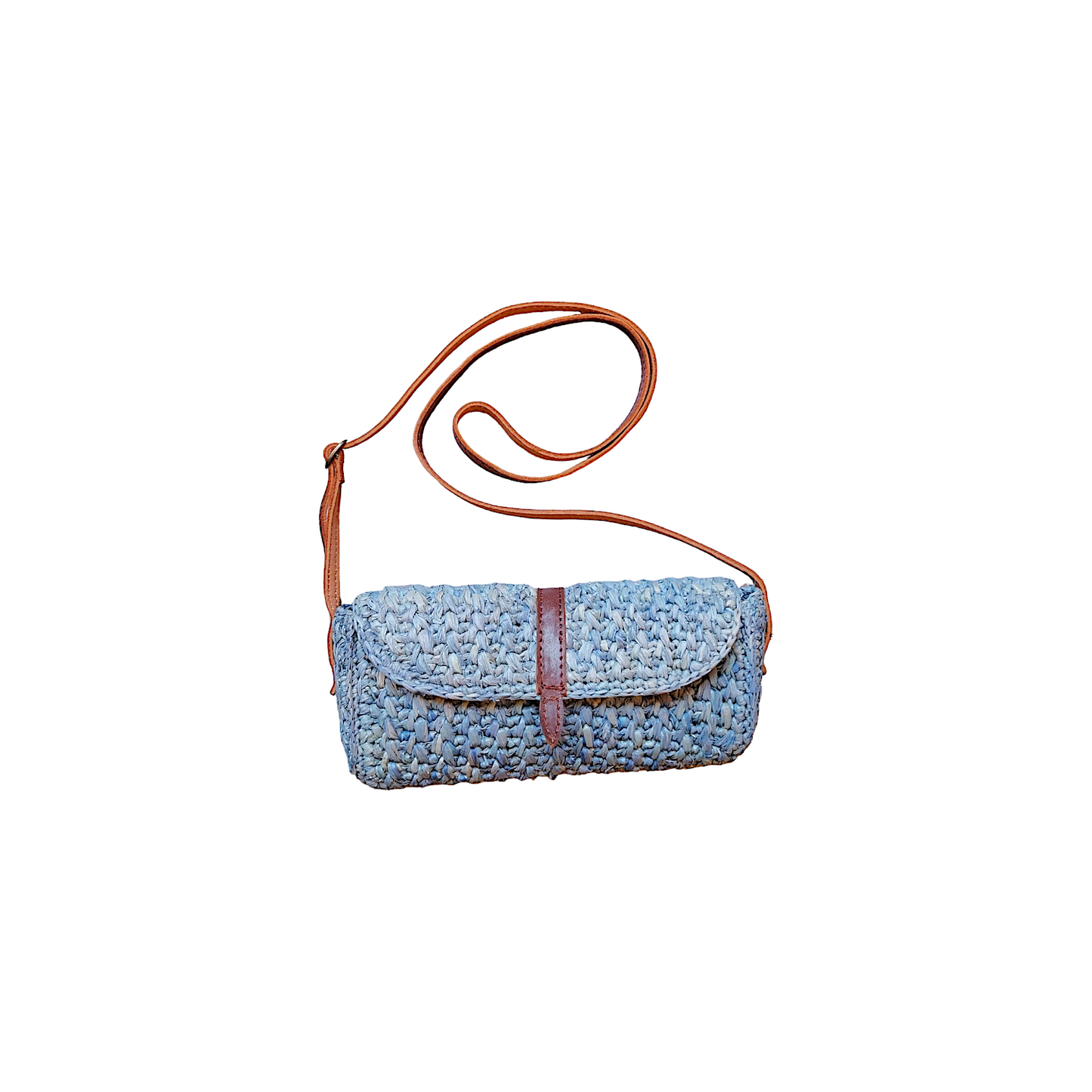 Borsa "baguette" a tracolla in raffia azzurro