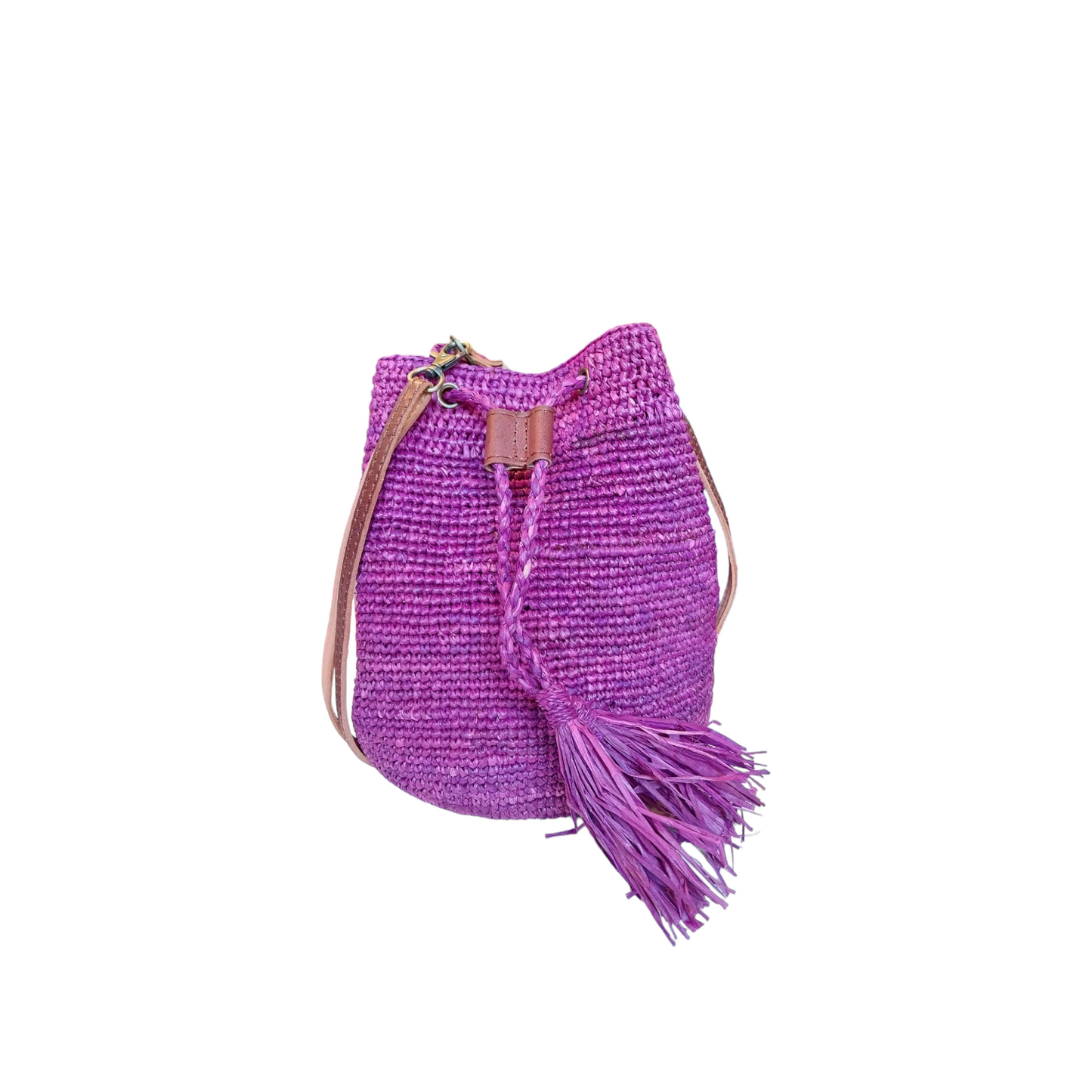 Borsa secchiello a tracolla in raffia violet