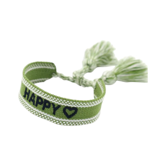 Bracciale in tessuto verde con scritta Happy ricamata