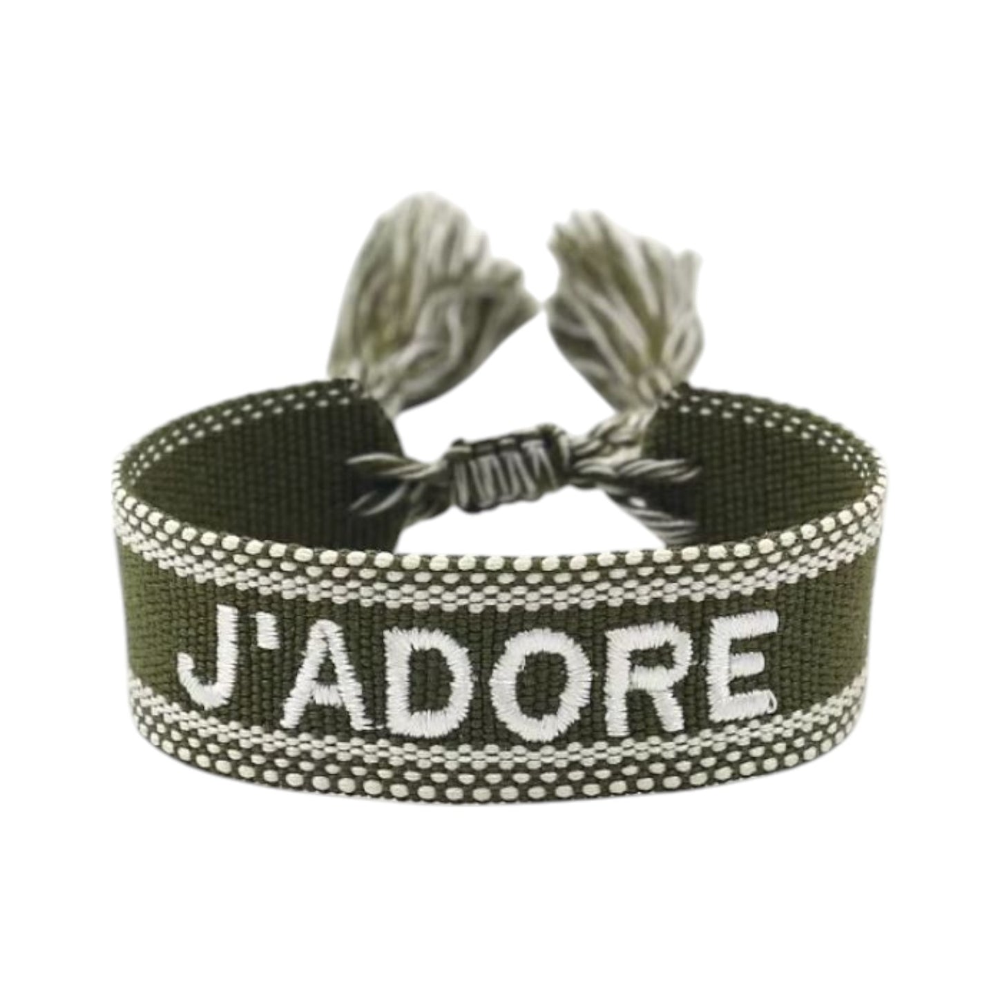 Bracciale in tessuto verdone con scritta J'Adore ricamata bianca