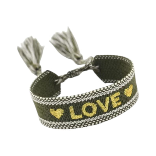 Bracciale in tessuto verdone con scritta Love ricamata oro