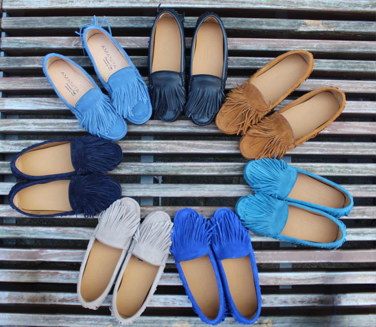 Mocassini scamosciati frange bluette