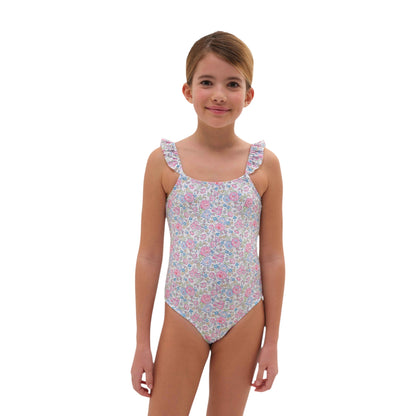 Costume intero rouches bimba bianco Fiori multicolor Liberty