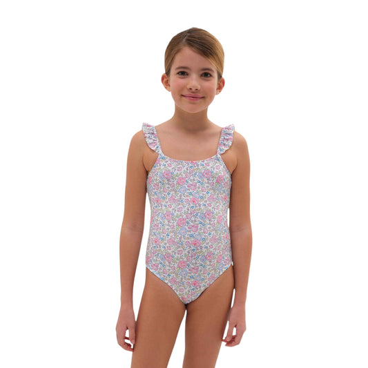 Costume intero rouches bimba bianco Fiori multicolor Liberty