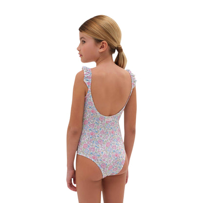 Costume intero rouches bimba bianco Fiori multicolor Liberty