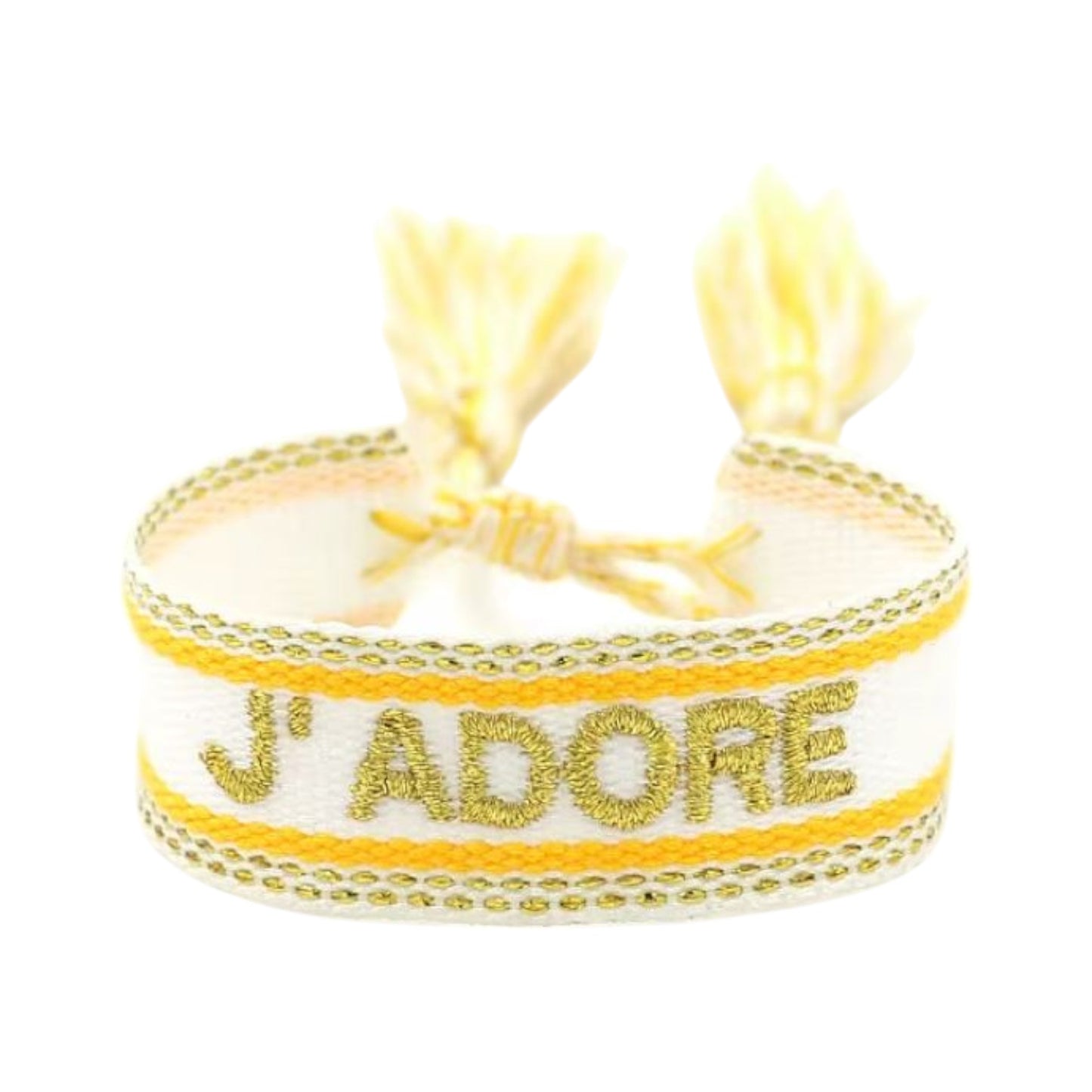 Bracciale in tessuto bianco con scritta J'Adore ricamata oro