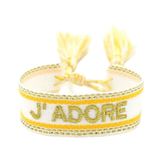 Bracciale in tessuto bianco con scritta J'Adore ricamata oro