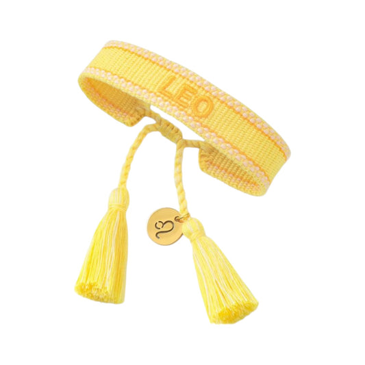 Bracciale in tessuto giallo con scritta Leo e charm
