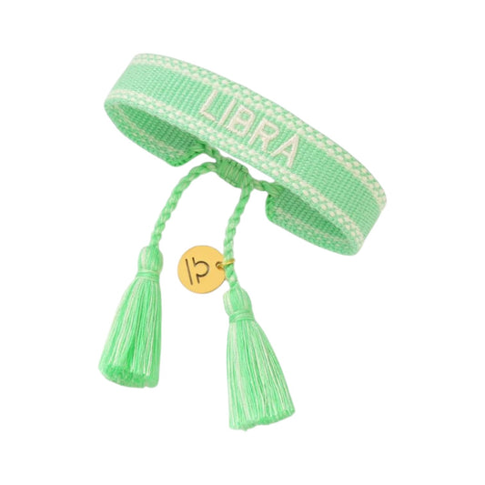 Bracciale in tessuto verde con scritta Libra e charm