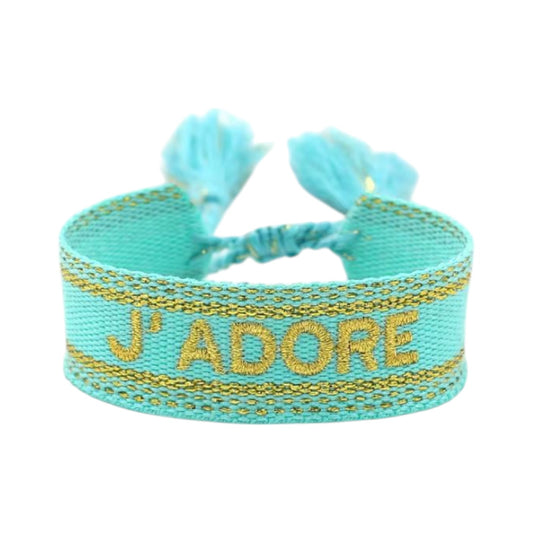 Bracciale in tessuto turchese con scritta J'Adore ricamata