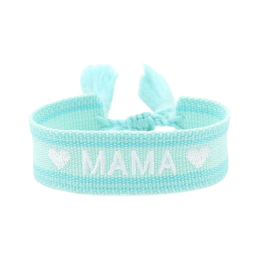 Bracciale in tessuto turchese con scritta Mama ricamata