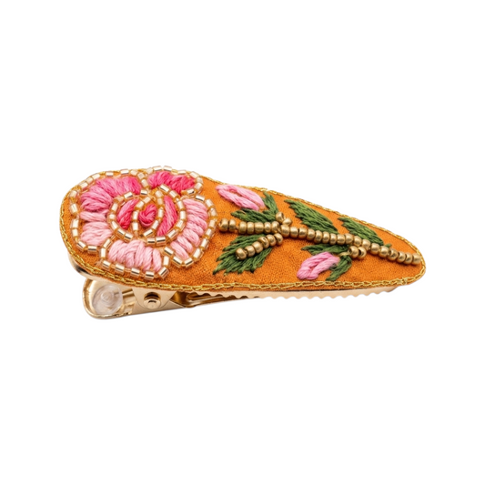 Molletta ovale ricamata arancio fiore rosa