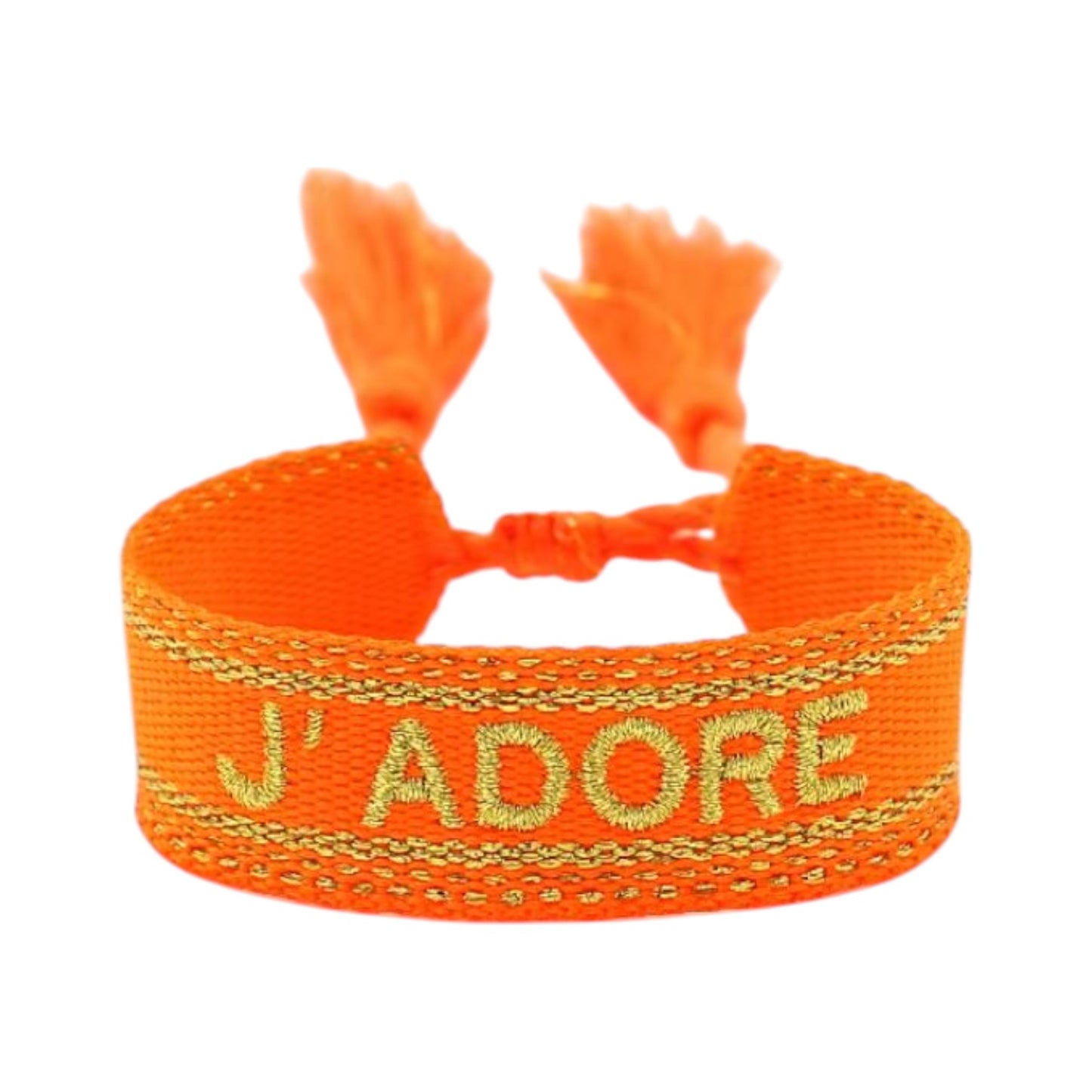 Bracciale in tessuto arancio con scritta J'Adore ricamata