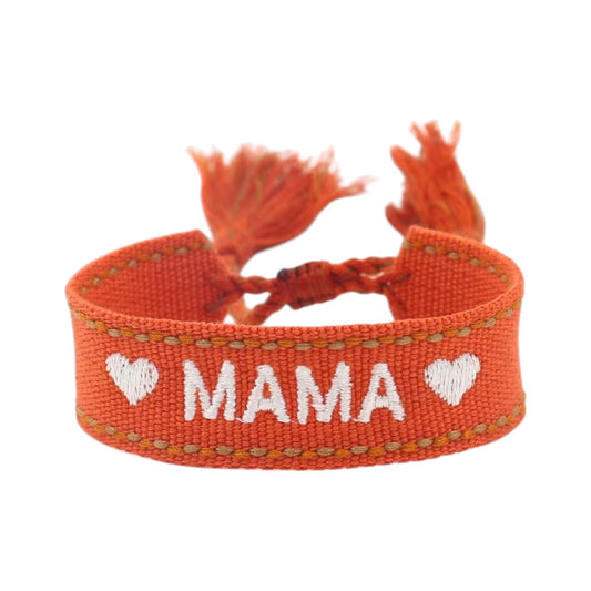 Bracciale in tessuto arancio con scritta Mama ricamata