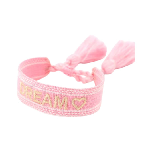 Bracciale in tessuto rosa con scritta Dream ricamata