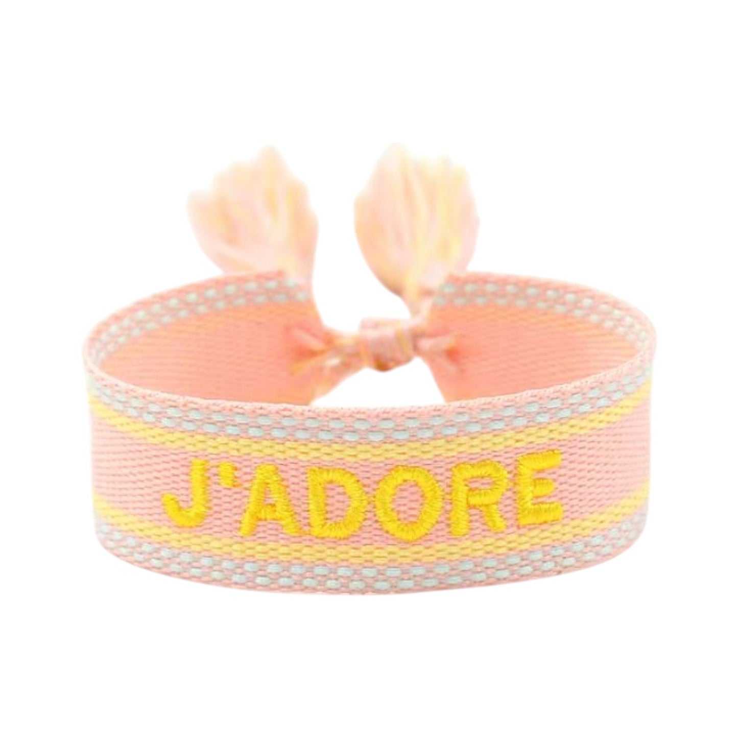 Bracciale in tessuto rosa con scritta J'Adore ricamata oro