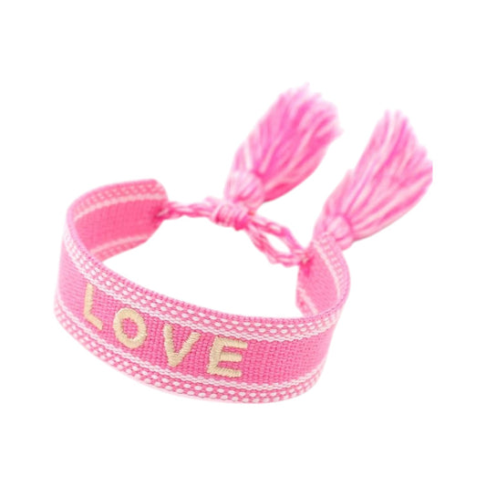 Bracciale in tessuto fuxia con scritta Love ricamata