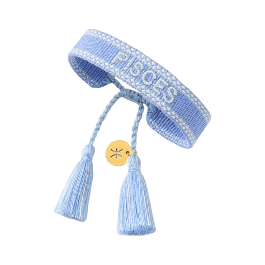 Bracciale in tessuto azzuro con scritta Pisces e charm