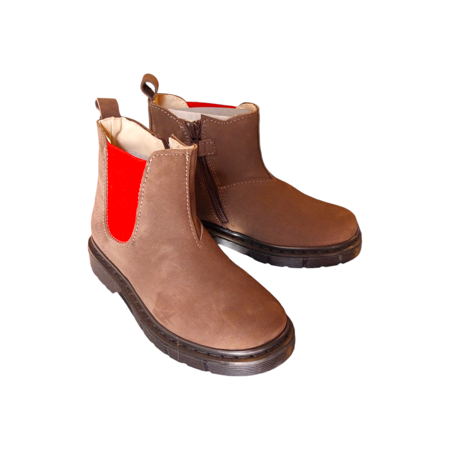 Stivaletti beatles in nabuk marrone con elastico rosso