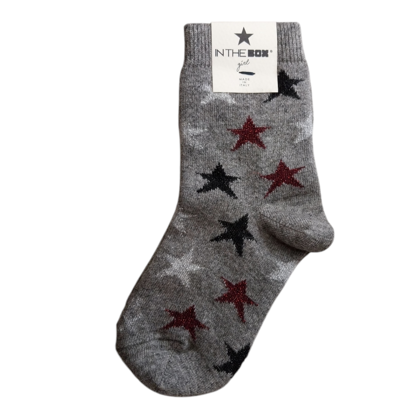 Calze grigie glitterate con stelle glitter rosse e blu