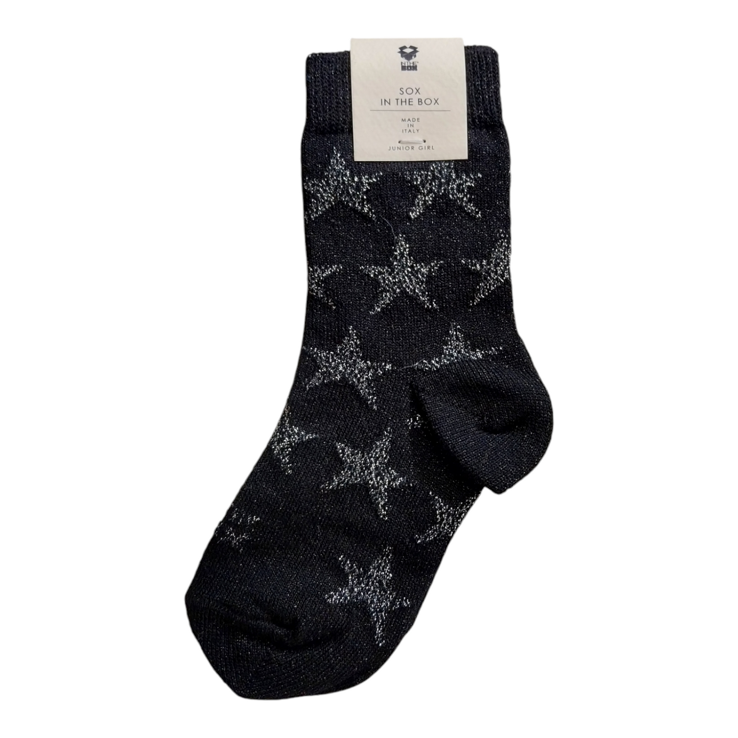 Calze nere glitterate con stelle argento glitter