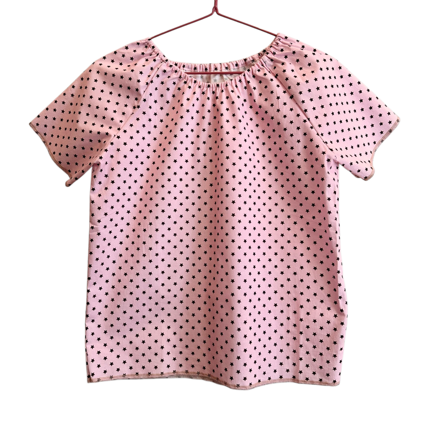 Camicia maniche corte cotone fermo stelline nere base rosa