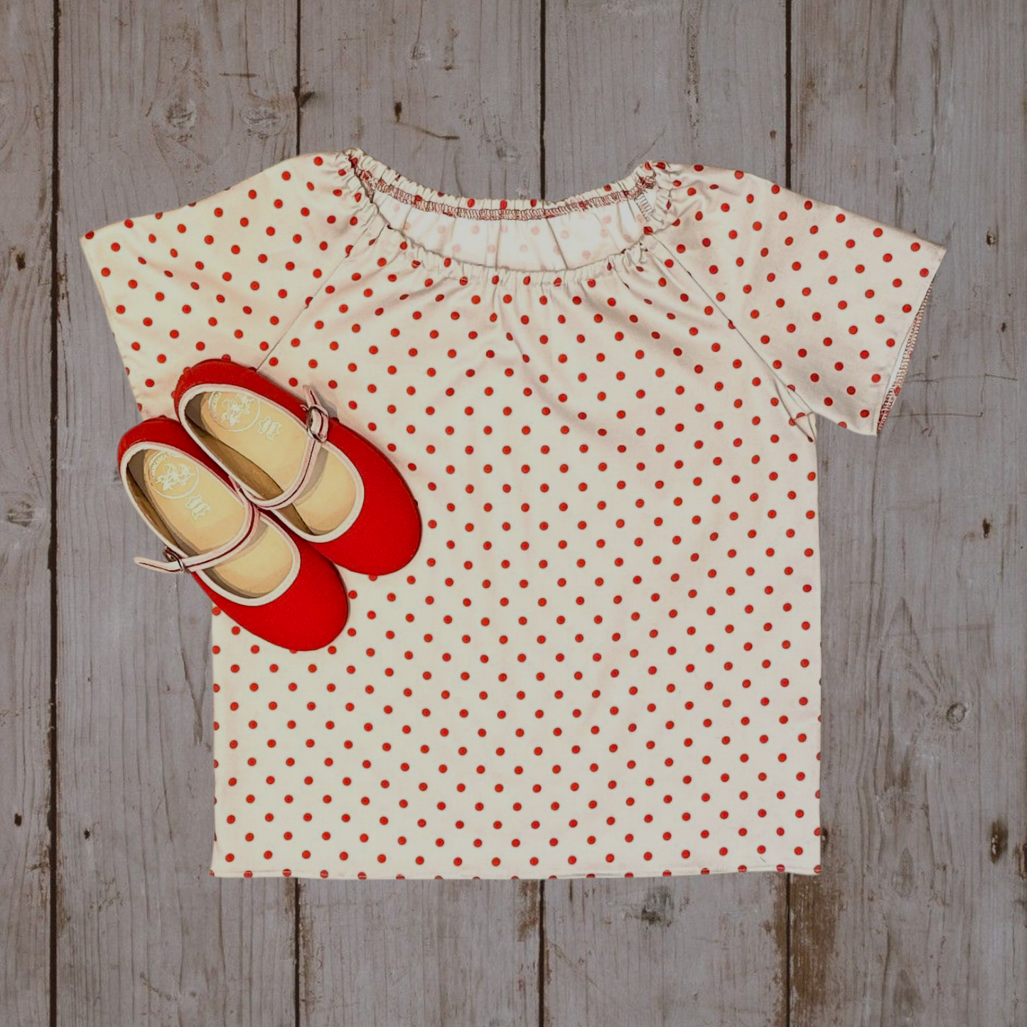 Camicia maniche corte cotone fermo pois rossi base avorio