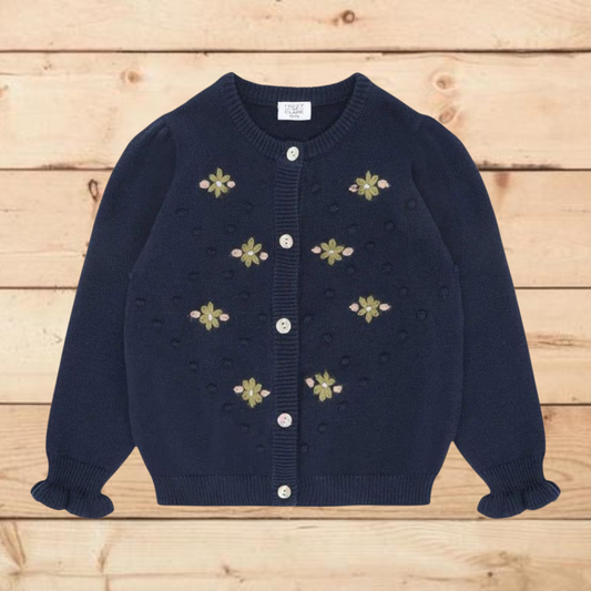 Cardigan in maglia blu notte con ricami fiori verdi