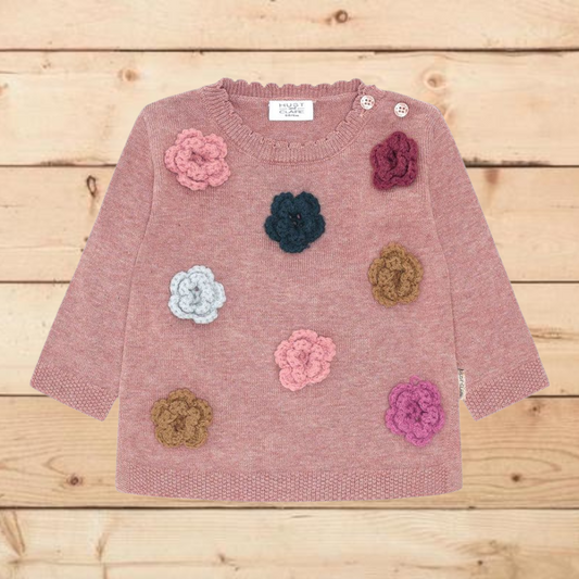 Maglioncino rosa con applicazioni di fiori multicolor