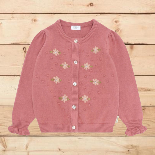 Cardigan in maglia con ricami rosa fiori rosa chiaro