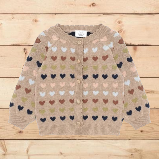 Cardigan in maglia beige con ricami cuori multicolor