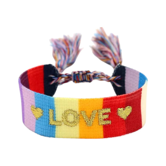 Bracciale in tessuto arcobaleno Rainbow con scritta Love ricamata