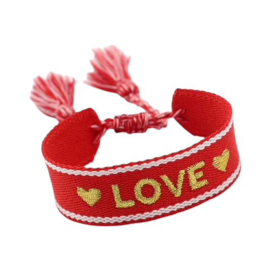Bracciale in tessuto rosso con scritta Love ricamata oro