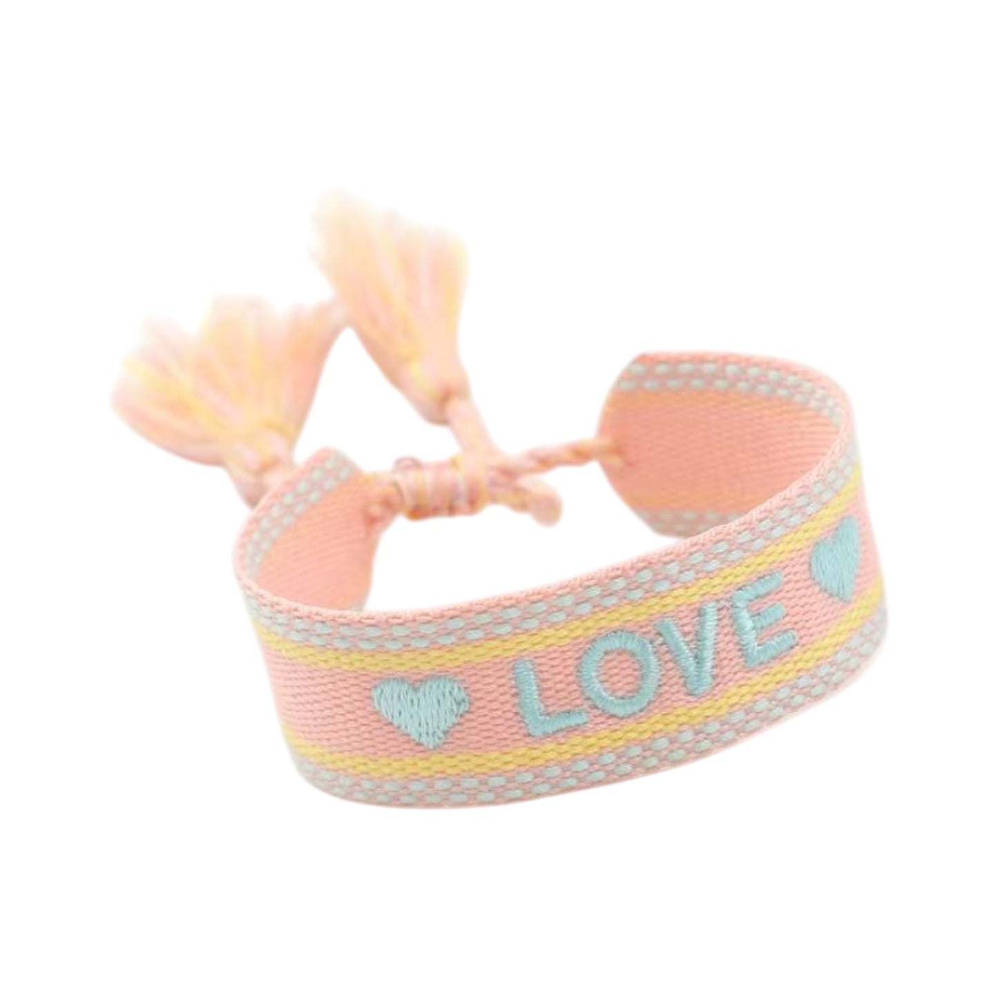 Bracciale in tessuto rosa con scritta Love ricamata azzurra