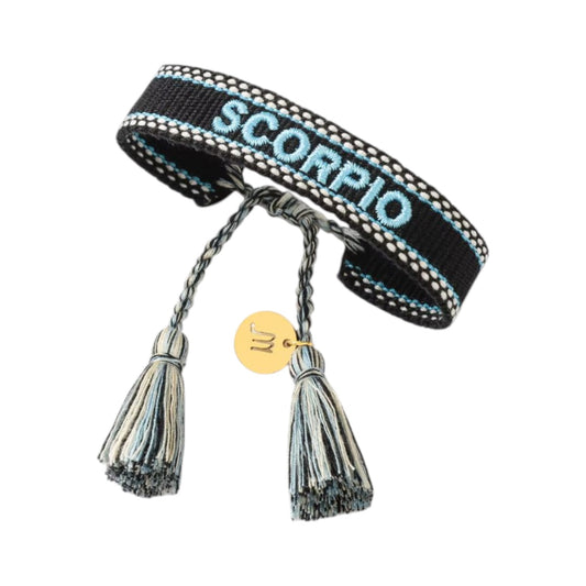 Bracciale in tessuto nero con scritta Scorpio e charm