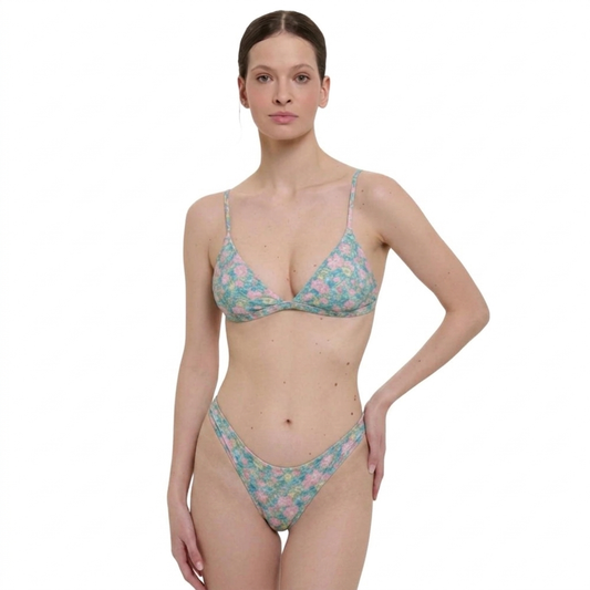 Costume bikini slip brasiliana donna Fiori verdi e rosa Liberty