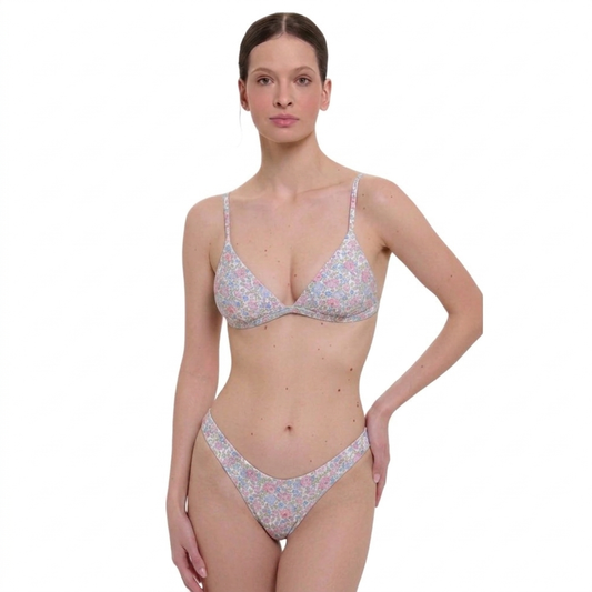 Costume bikini slip brasiliana donna bianco Fiori multicolor Liberty
